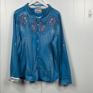 Grace in LA Denim Blue Embroidered Blouse